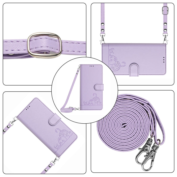 For Google Pixel 9 / 9 Pro Cat Rat Embossed Pattern RFID Leather Phone Case with Lanyard(Purple) - Google Cases by buy2fix | Online Shopping UK | buy2fix