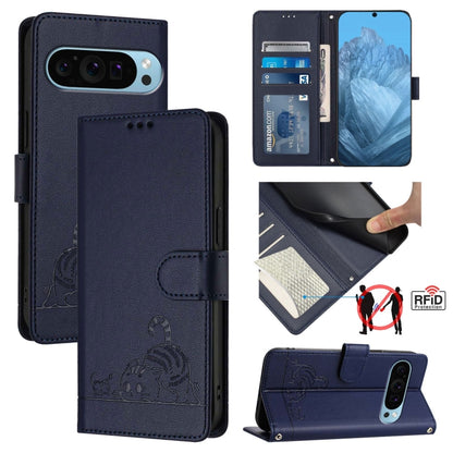 For Google Pixel 9 Pro XL Cat Rat Embossed Pattern RFID Leather Phone Case with Lanyard(Blue) - Google Cases by buy2fix | Online Shopping UK | buy2fix