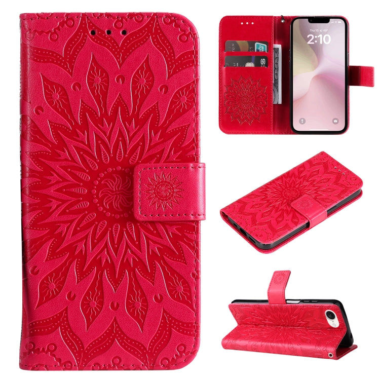 For iPhone SE 2024 Embossed Sunflower Pattern Flip Leather Phone Case(Red) - More iPhone Cases by buy2fix | Online Shopping UK | buy2fix