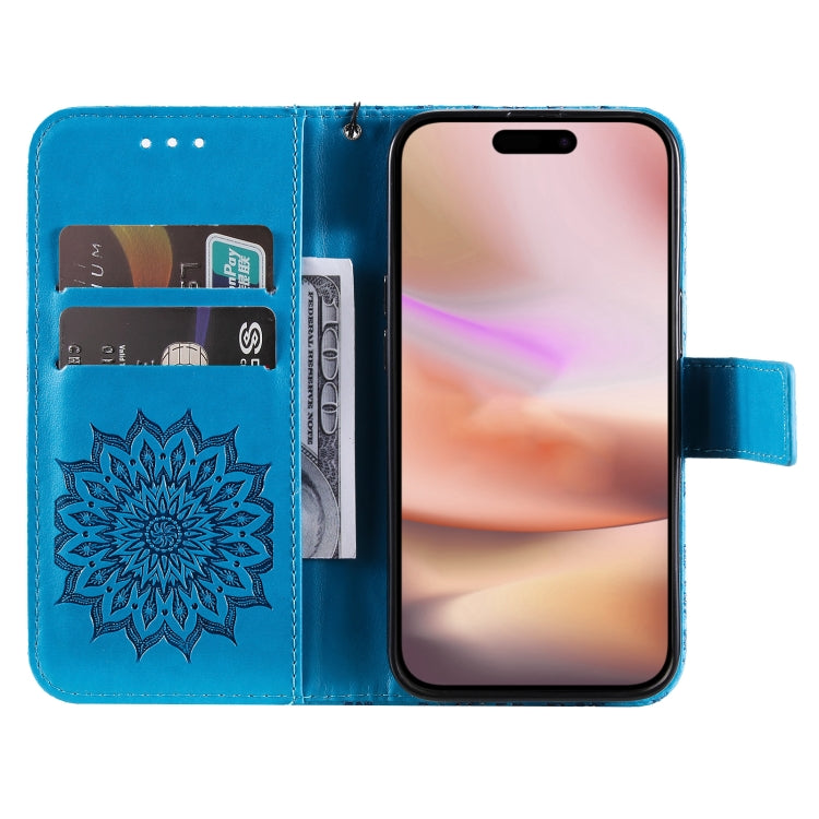 For iPhone 16 Plus Embossed Sunflower Pattern Flip Leather Phone Case(Blue) - iPhone 16 Plus Cases by buy2fix | Online Shopping UK | buy2fix