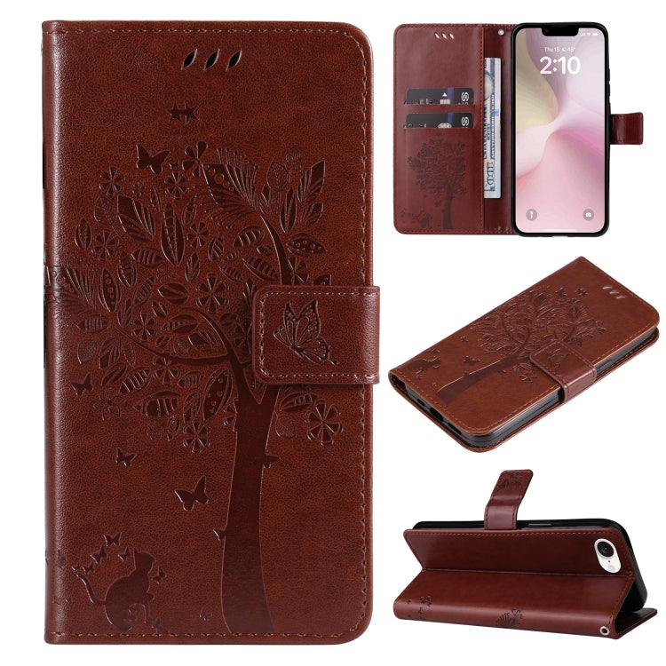 For iPhone SE 2024 Tree & Cat Embossed Pattern Flip Leather Phone Case(Coffee) - More iPhone Cases by buy2fix | Online Shopping UK | buy2fix