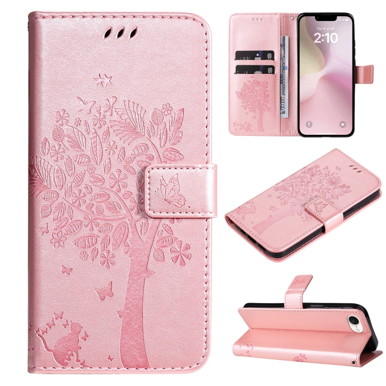 For iPhone SE 2024 Tree & Cat Embossed Pattern Flip Leather Phone Case(Rose Gold) - More iPhone Cases by buy2fix | Online Shopping UK | buy2fix