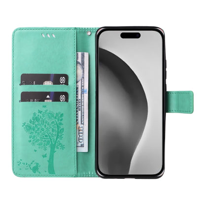 For iPhone 16 Pro Max Tree & Cat Embossed Pattern Flip Leather Phone Case(Green) - iPhone 16 Pro Max Cases by buy2fix | Online Shopping UK | buy2fix