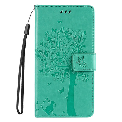 For iPhone 16 Pro Tree & Cat Embossed Pattern Flip Leather Phone Case(Green) - iPhone 16 Pro Cases by buy2fix | Online Shopping UK | buy2fix