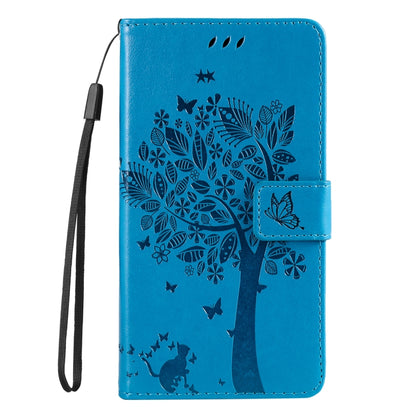 For iPhone 16 Pro Tree & Cat Embossed Pattern Flip Leather Phone Case(Blue) - iPhone 16 Pro Cases by buy2fix | Online Shopping UK | buy2fix