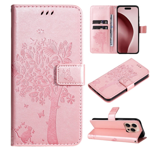 For iPhone 16 Pro Tree & Cat Embossed Pattern Flip Leather Phone Case(Rose Gold) - iPhone 16 Pro Cases by buy2fix | Online Shopping UK | buy2fix