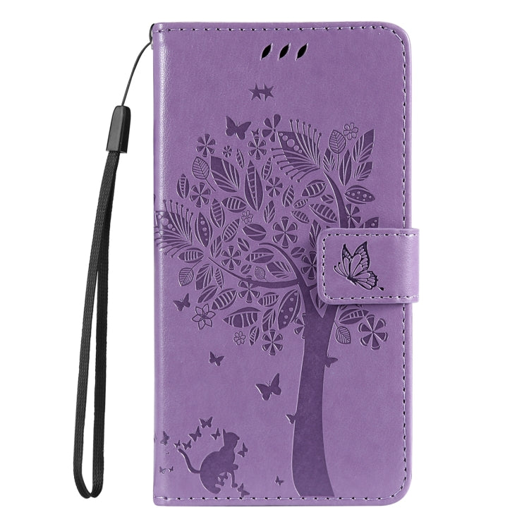 For iPhone 16 Plus Tree & Cat Embossed Pattern Flip Leather Phone Case(Light Purple) - iPhone 16 Plus Cases by buy2fix | Online Shopping UK | buy2fix