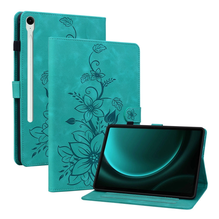 For Samsung Galaxy Tab S9 / S9 FE Lily Embossed Leather Tablet Case(Green) - Galaxy Tab S9 Cases by buy2fix | Online Shopping UK | buy2fix