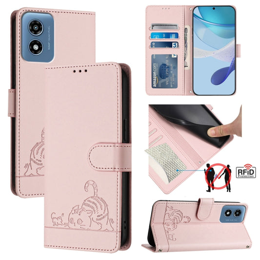 For Motorola Moto G Play 4G 2024 Global Cat Rat Embossed Pattern RFID Leather Phone Case with Lanyard(Pink) - Motorola Cases by buy2fix | Online Shopping UK | buy2fix