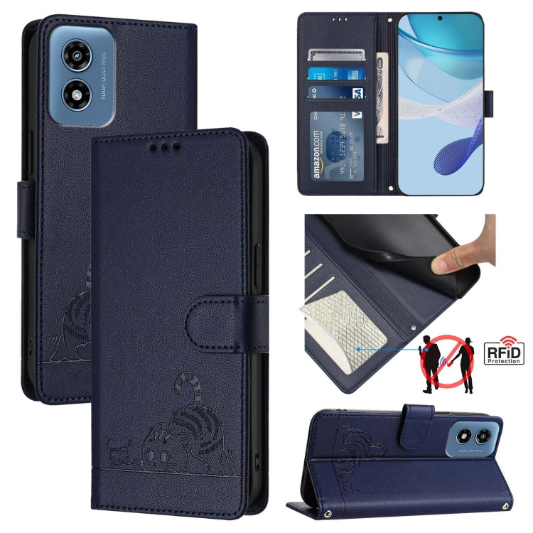 For Motorola Moto G Play 4G 2024 Global Cat Rat Embossed Pattern RFID Leather Phone Case with Lanyard(Blue) - Motorola Cases by buy2fix | Online Shopping UK | buy2fix