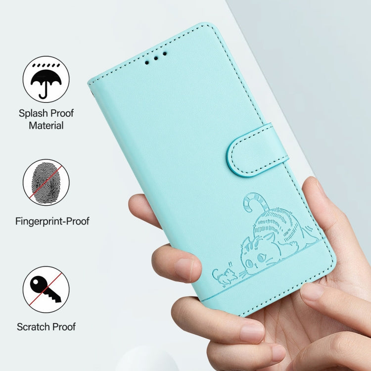 For Motorola Moto G Play 5G 2024 Global Cat Rat Embossed Pattern RFID Leather Phone Case with Lanyard(Mint Green) - Motorola Cases by buy2fix | Online Shopping UK | buy2fix