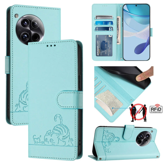 For OnePlus 12 5G Global Cat Rat Embossed Pattern RFID Leather Phone Case with Lanyard(Mint Green) - OnePlus Cases by buy2fix | Online Shopping UK | buy2fix