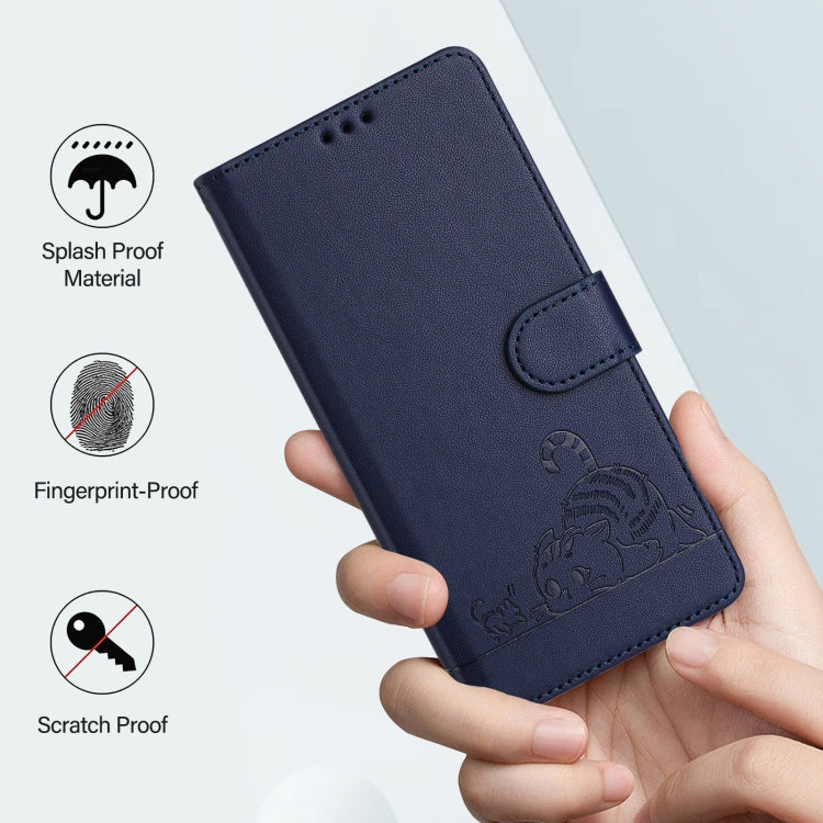 For OnePlus 12 5G Global Cat Rat Embossed Pattern RFID Leather Phone Case with Lanyard(Blue) - OnePlus Cases by buy2fix | Online Shopping UK | buy2fix