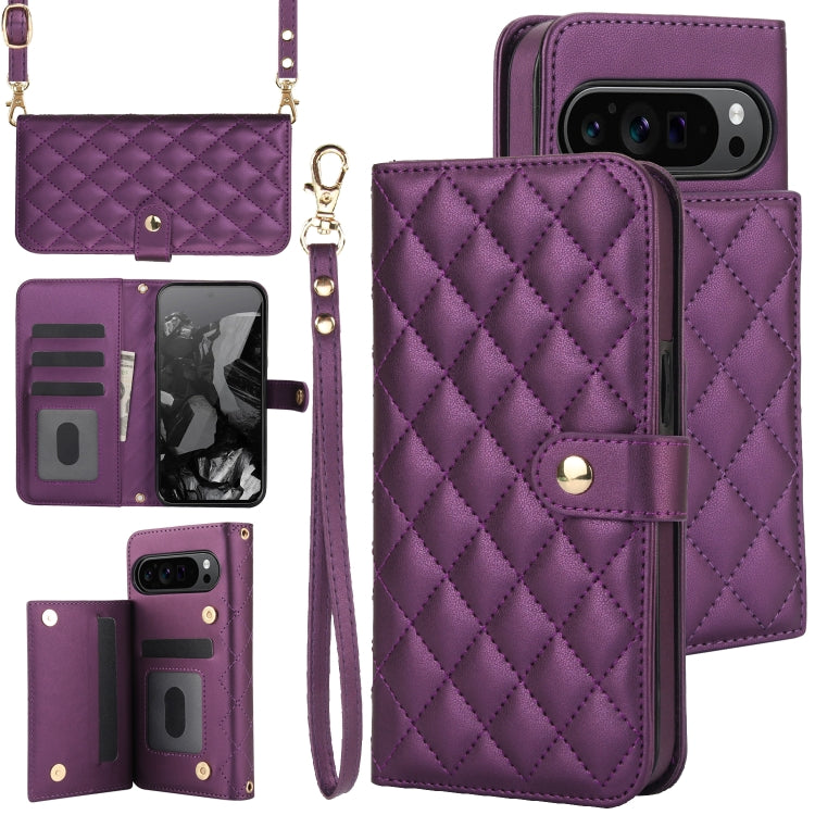 For Google Pixel 9 Crossbody Multifunction Rhombic Leather Phone Case(Dark Purple) - Google Cases by buy2fix | Online Shopping UK | buy2fix