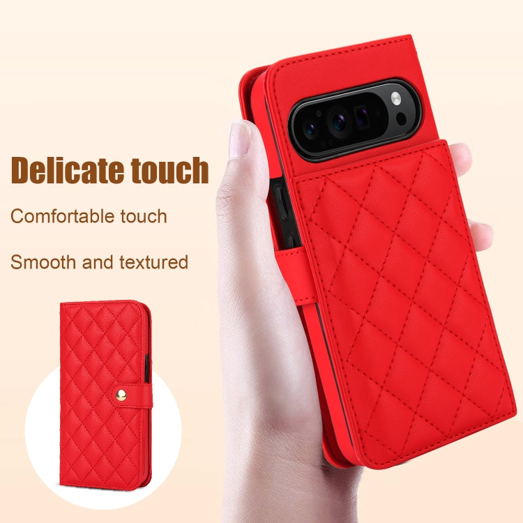 For Google Pixel 9 Pro XL Crossbody Multifunction Rhombic Leather Phone Case(Red) - Google Cases by buy2fix | Online Shopping UK | buy2fix