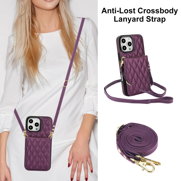 For iPhone 16 Pro YM015 Crossbody Rhombic Card Bag RFID Phone Case(Dark Purple) - iPhone 16 Pro Cases by buy2fix | Online Shopping UK | buy2fix