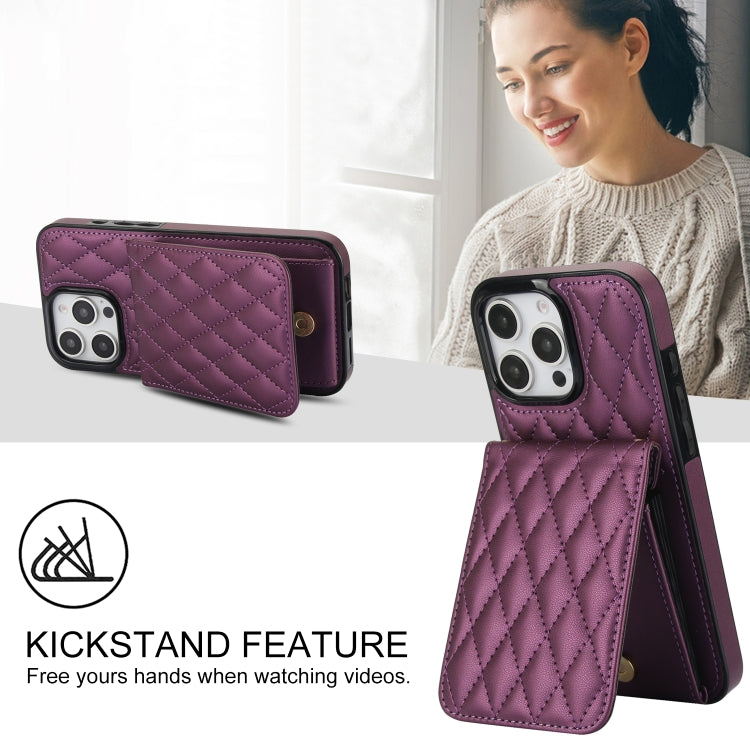 For iPhone 16 Pro YM015 Crossbody Rhombic Card Bag RFID Phone Case(Dark Purple) - iPhone 16 Pro Cases by buy2fix | Online Shopping UK | buy2fix