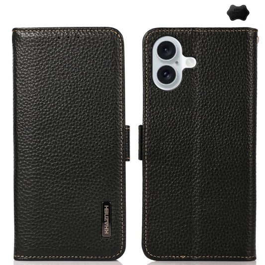 For iPhone 16 Plus KHAZNEH Side-Magnetic Litchi Genuine Leather RFID Case(Black) - iPhone 16 Plus Cases by buy2fix | Online Shopping UK | buy2fix