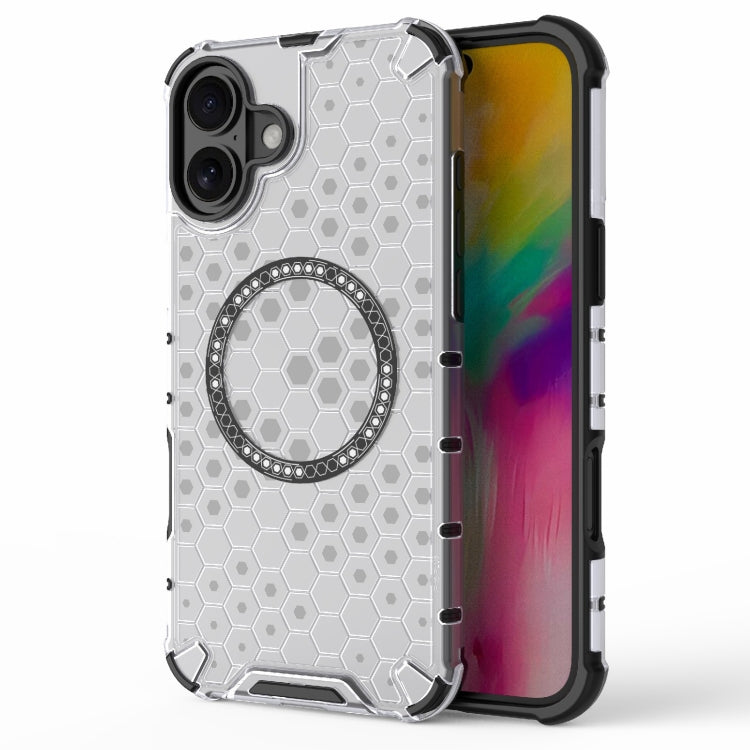 For iPhone 16 Plus Honeycomb Magnetic Ring Shockproof Phone Case(White) - iPhone 16 Plus Cases by buy2fix | Online Shopping UK | buy2fix