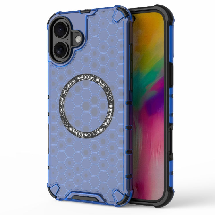 For iPhone 16 Plus Honeycomb Magnetic Ring Shockproof Phone Case(Blue) - iPhone 16 Plus Cases by buy2fix | Online Shopping UK | buy2fix