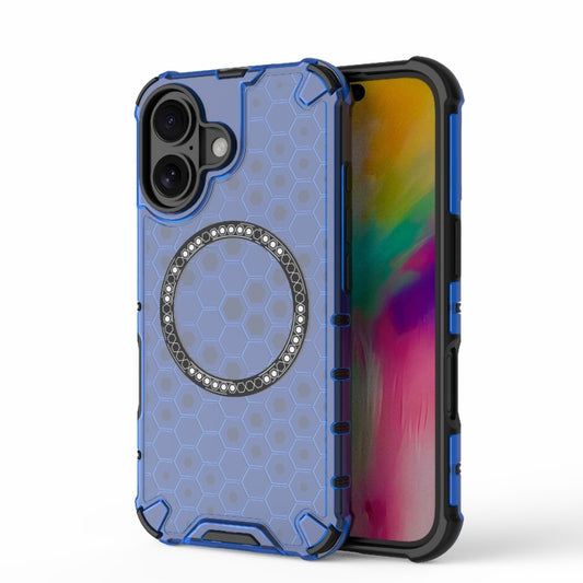 For iPhone 16 Honeycomb Magnetic Ring Shockproof Phone Case(Blue) - iPhone 16 Cases by buy2fix | Online Shopping UK | buy2fix