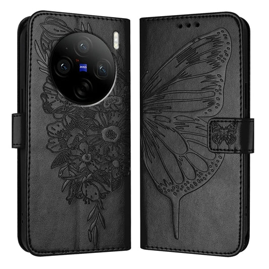 For vivo X100s 5G Embossed Butterfly Leather Phone Case(Black) - vivo Cases by buy2fix | Online Shopping UK | buy2fix