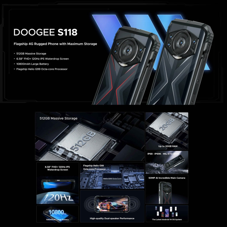 [HK Warehouse] DOOGEE S118 Rugged Phone, 8GB+512GB, 6.58 inch Android 14 MediaTek Helio G99 Octa Core, Network: 4G, OTG, NFC(Black Red) - DOOGEE by DOOGEE | Online Shopping UK | buy2fix