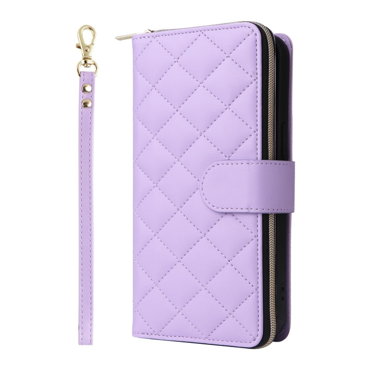 For iPhone 16 Pro Crossbody Rhombic Zipper Tower Buckle Leather Phone Case with Lanyard(Purple) - iPhone 16 Pro Cases by buy2fix | Online Shopping UK | buy2fix