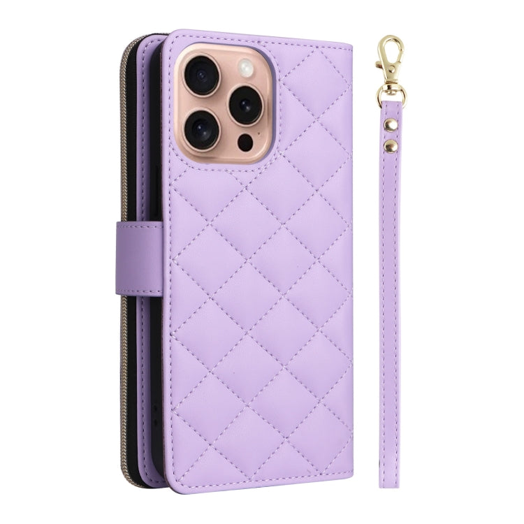 For iPhone 16 Pro Crossbody Rhombic Zipper Tower Buckle Leather Phone Case with Lanyard(Purple) - iPhone 16 Pro Cases by buy2fix | Online Shopping UK | buy2fix