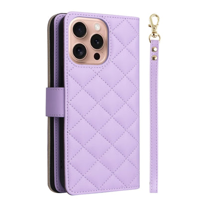 For iPhone 16 Pro Crossbody Rhombic Zipper Tower Buckle Leather Phone Case with Lanyard(Purple) - iPhone 16 Pro Cases by buy2fix | Online Shopping UK | buy2fix