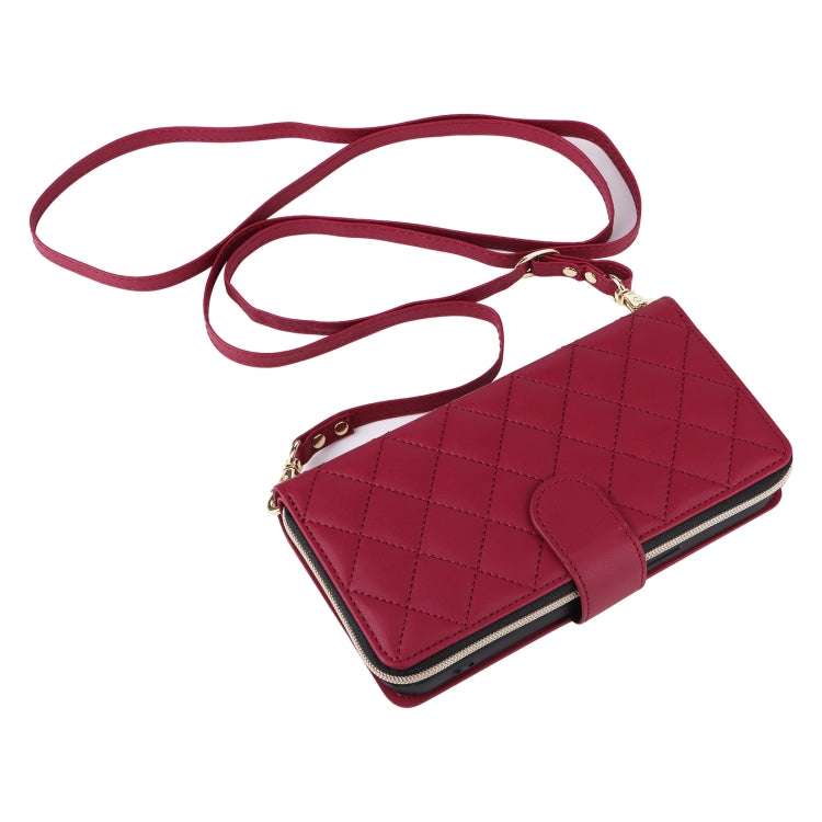 For iPhone 16 Pro Crossbody Rhombic Zipper Tower Buckle Leather Phone Case with Lanyard(Wine Red) - iPhone 16 Pro Cases by buy2fix | Online Shopping UK | buy2fix