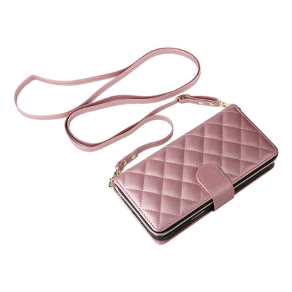 For iPhone 16 Plus Crossbody Rhombic Zipper Tower Buckle Leather Phone Case with Lanyard(Rose Gold) - iPhone 16 Plus Cases by buy2fix | Online Shopping UK | buy2fix