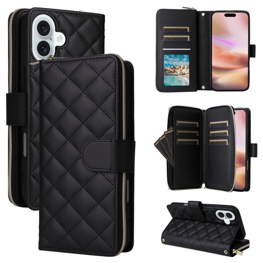 For iPhone 16 Plus Crossbody Rhombic Zipper Tower Buckle Leather Phone Case with Lanyard(Black) - iPhone 16 Plus Cases by buy2fix | Online Shopping UK | buy2fix