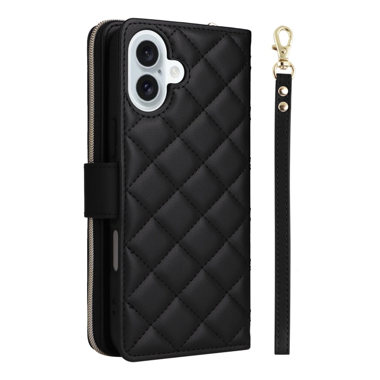 For iPhone 16 Plus Crossbody Rhombic Zipper Tower Buckle Leather Phone Case with Lanyard(Black) - iPhone 16 Plus Cases by buy2fix | Online Shopping UK | buy2fix