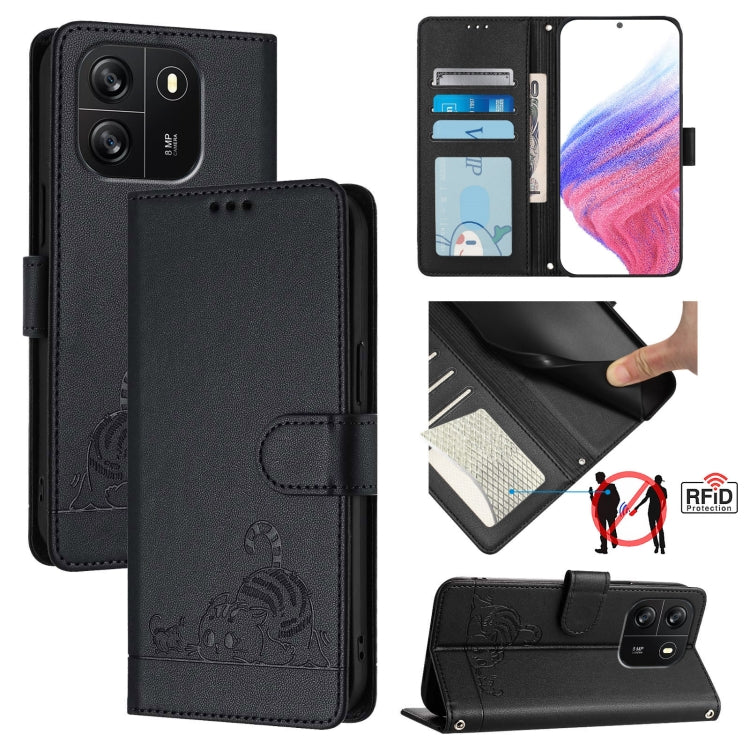 For Blackview Wave 6C Cat Rat Embossed Pattern RFID Leather Phone Case with Lanyard(Black) - More Brand by buy2fix | Online Shopping UK | buy2fix