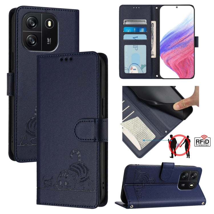 For Blackview Wave 6C Cat Rat Embossed Pattern RFID Leather Phone Case with Lanyard(Blue) - More Brand by buy2fix | Online Shopping UK | buy2fix