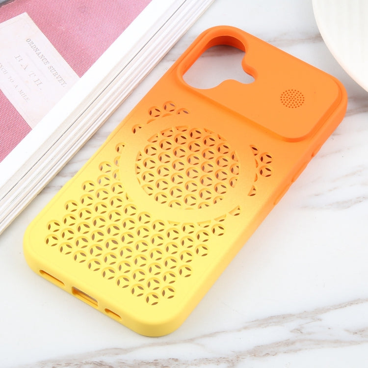 For iPhone 16 Gradient Color Honeycomb Aromatherapy MagSafe Phone Case(Orange Yellow) - iPhone 16 Cases by buy2fix | Online Shopping UK | buy2fix