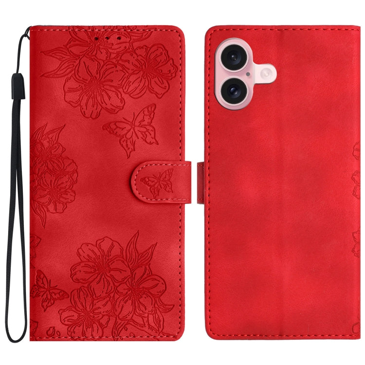 For iPhone 16 Plus Cherry Blossom Butterfly Skin Feel Embossed PU Phone Case(Red) - iPhone 16 Plus Cases by buy2fix | Online Shopping UK | buy2fix