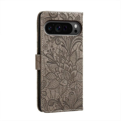 For Google Pixel 9 Pro Lace Flower Embossing Flip Leather Phone Case(Grey) - Google Cases by buy2fix | Online Shopping UK | buy2fix