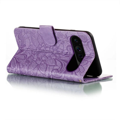 For Google Pixel 9 Pro Lace Flower Embossing Flip Leather Phone Case(Purple) - Google Cases by buy2fix | Online Shopping UK | buy2fix