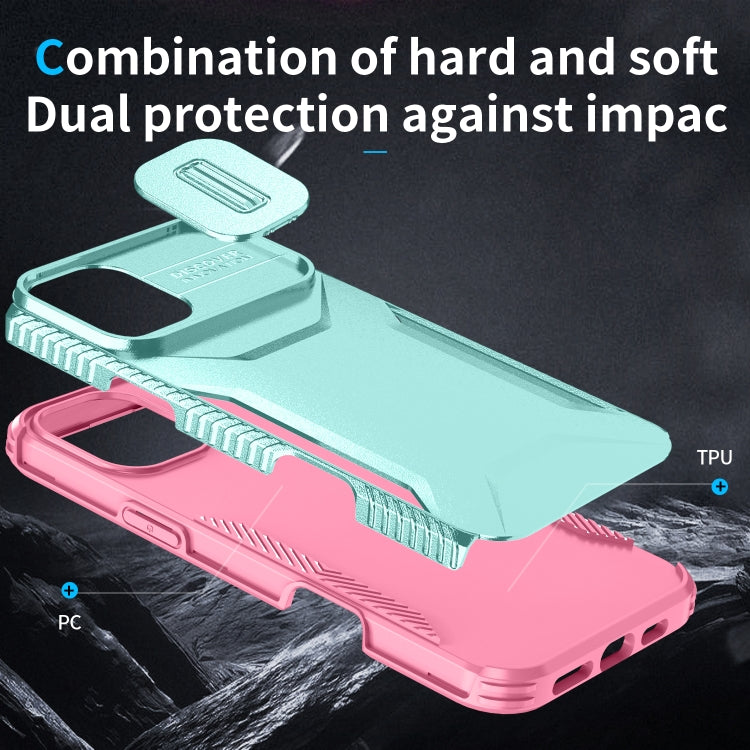 For iPhone 16 Sliding Camshield Phone Case(Grey Green + Pink) - iPhone 16 Cases by buy2fix | Online Shopping UK | buy2fix