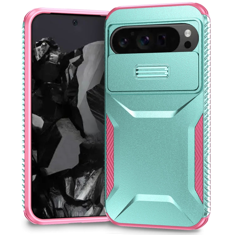 For Google Pixel 9 Pro XL Sliding Camshield Phone Case(Grey Green + Pink) - Google Cases by buy2fix | Online Shopping UK | buy2fix