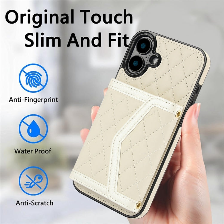 For iPhone 16 Splicing Rhombic Texture Card Bag Phone Case with Long Lanyard(Beige) - iPhone 16 Cases by buy2fix | Online Shopping UK | buy2fix