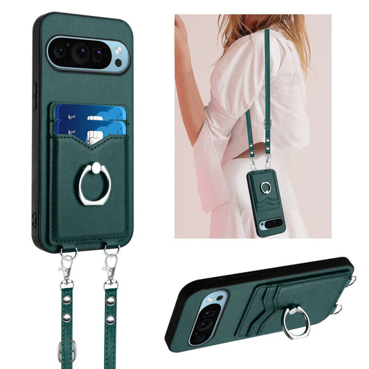 For Google Pixel 9 Pro XL R20 Crossbody Rope Ring Card Holder Phone Case(Green) - Google Cases by buy2fix | Online Shopping UK | buy2fix