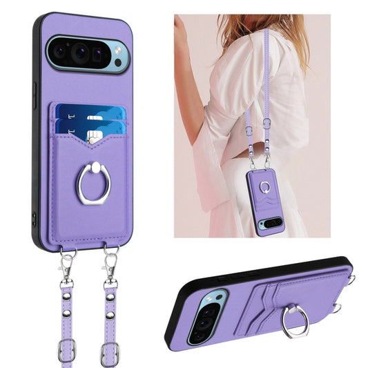 For Google Pixel 9 Pro XL R20 Crossbody Rope Ring Card Holder Phone Case(Purple) - Google Cases by buy2fix | Online Shopping UK | buy2fix