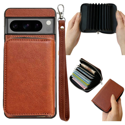 For Google Pixel 9 Pro XL Solid Color Zipper 11-Card Slots Bag Phone Case with Lanyard(Brown) - Google Cases by buy2fix | Online Shopping UK | buy2fix