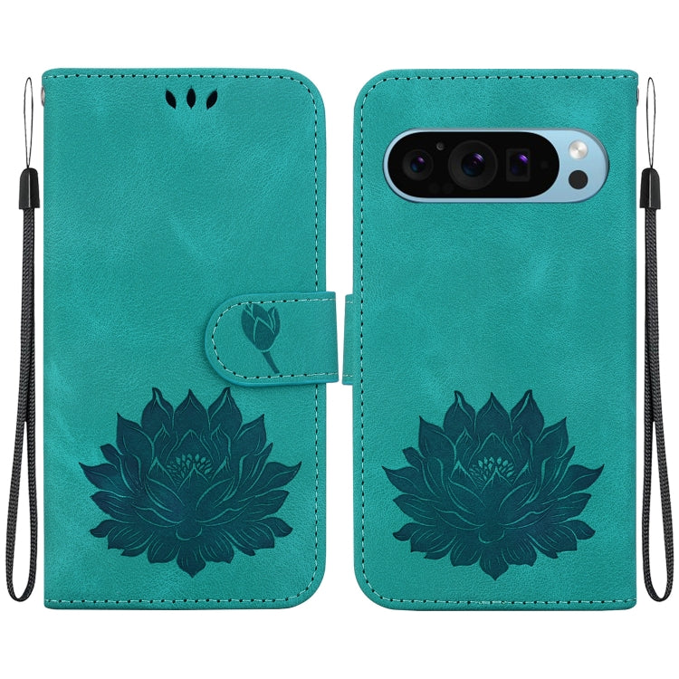 For Google Pixel 9 Lotus Embossed Leather Phone Case(Green) - Google Cases by buy2fix | Online Shopping UK | buy2fix