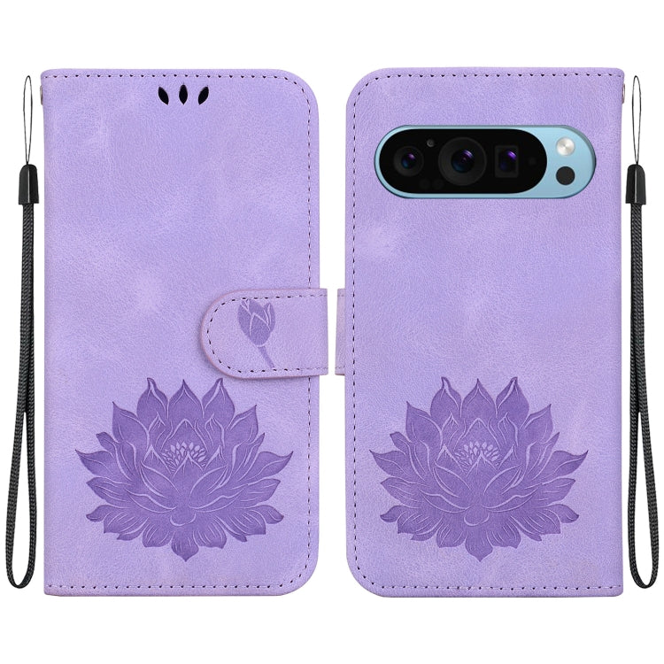 For Google Pixel 9 Lotus Embossed Leather Phone Case(Purple) - Google Cases by buy2fix | Online Shopping UK | buy2fix