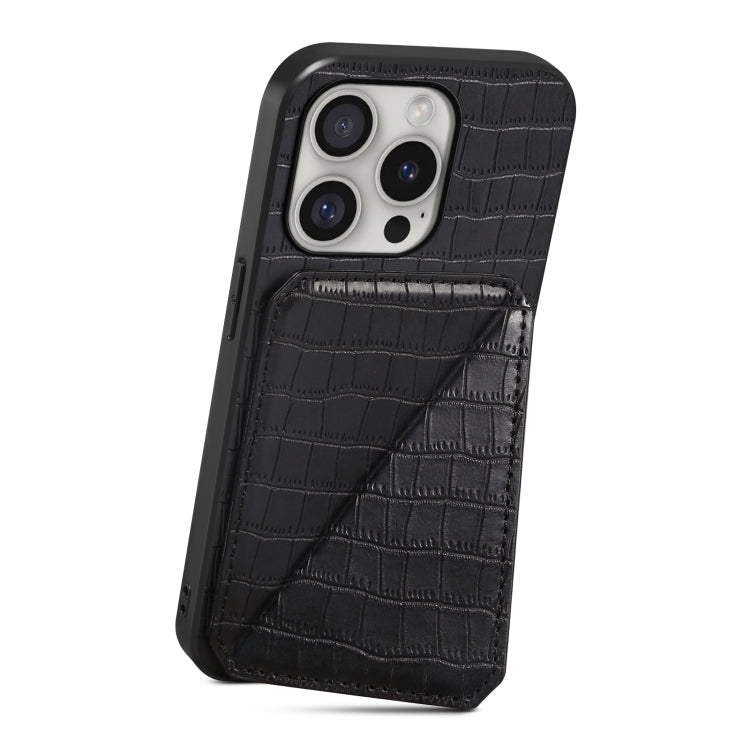 For iPhone 16 Pro Imitation Crocodile Leather Back Phone Case with Holder(Black) - iPhone 16 Pro Cases by buy2fix | Online Shopping UK | buy2fix