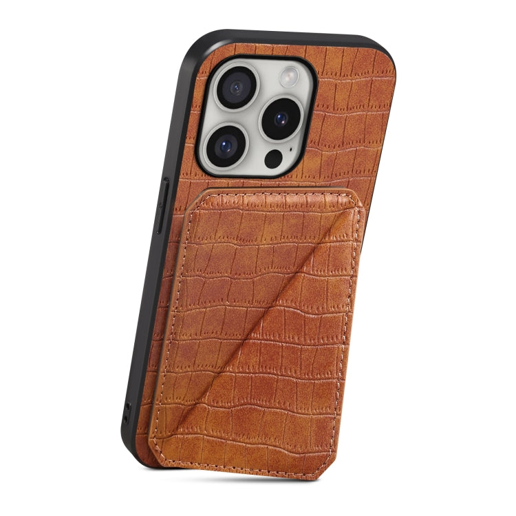 For iPhone 16 Pro Imitation Crocodile Leather Back Phone Case with Holder(Brown) - iPhone 16 Pro Cases by buy2fix | Online Shopping UK | buy2fix